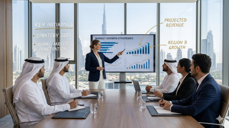 How Business Advisory Services Support Sustainable Growth in the UAE Business advisors presenting growth strategies and market insights to company executives.
